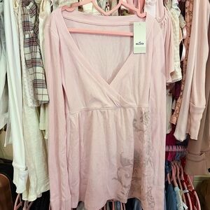 Hollister Pink Y2K Floral Babydoll V Neck Long Sleeve T Shirt Sz XS
